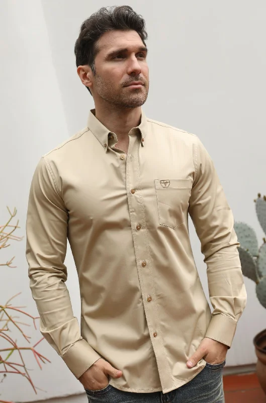 Men's Cufflink-Ready Shirts for Formal EventsMen’s Single Pocket Logo Modern Fit Stretch Dress Shirt - Beige Men's Cufflink-Ready Shirts for Formal EventsMen’s Single Pocket Logo Modern Fit Stretch Dress Shirt - Beige