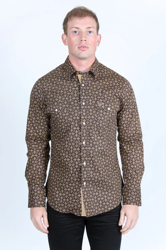 Men's Camouflage Shirts for an Outdoor AppealMens Western Modern Fit Cotton/Spandex Long Sleeve Shirt with Snaps - Brown Men's Camouflage Shirts for an Outdoor AppealMens Western Modern Fit Cotton/Spandex Long Sleeve Shirt with Snaps - Brown