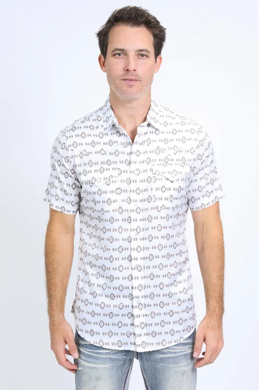 Versatile Men's Short-Sleeve ShirtsMens Performance Western Short Sleeve Aztec Print White Shirt
