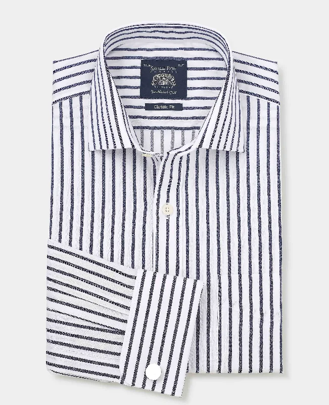 Men's Rugby Shirts for a Sporty LookNavy Cotton Classic Fit Striped Formal Shirt - Double Cuff Men's Rugby Shirts for a Sporty LookNavy Cotton Classic Fit Striped Formal Shirt - Double Cuff