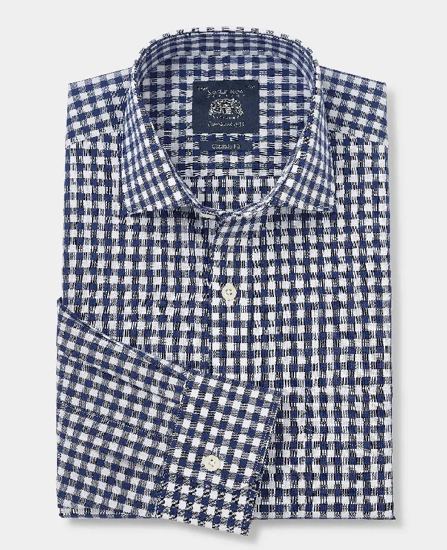 Men's Dressy Casual Shirts for Smart-Casual EventsNavy Cotton Gingham Check Classic Fit Formal Shirt - Single Cuff Men's Dressy Casual Shirts for Smart-Casual EventsNavy Cotton Gingham Check Classic Fit Formal Shirt - Single Cuff