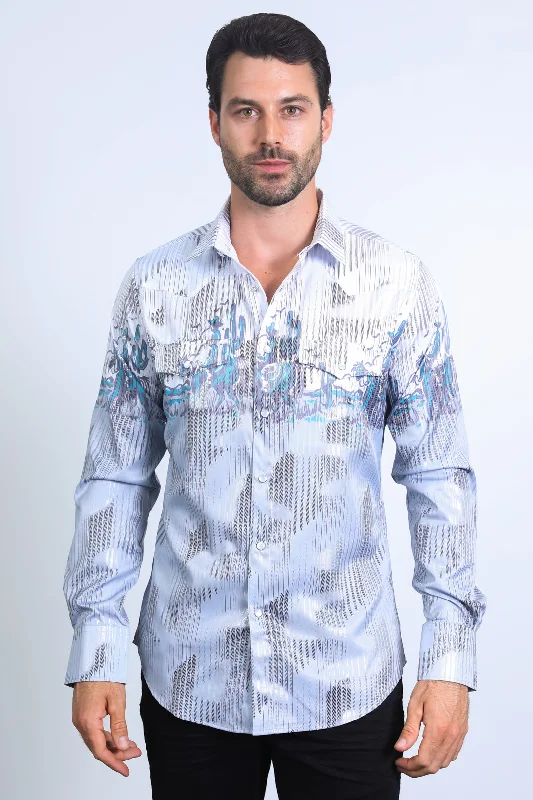 Layered Men's Henley ShirtsMens Modern Fit Panoramic Foil Print Shirt - White