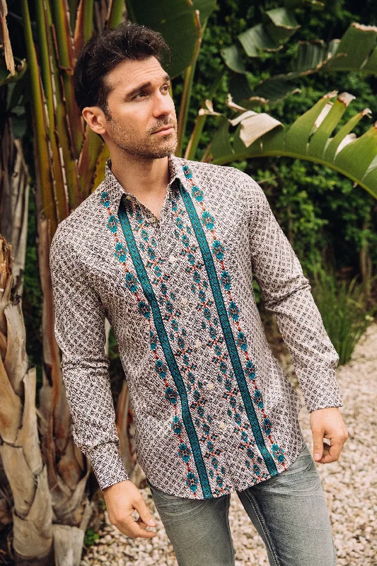 Men's Tailored Shirts for a Sharp AppearanceMens Modern Fit Stretch Aztec Foiled Shirt - Beige Men's Tailored Shirts for a Sharp AppearanceMens Modern Fit Stretch Aztec Foiled Shirt - Beige