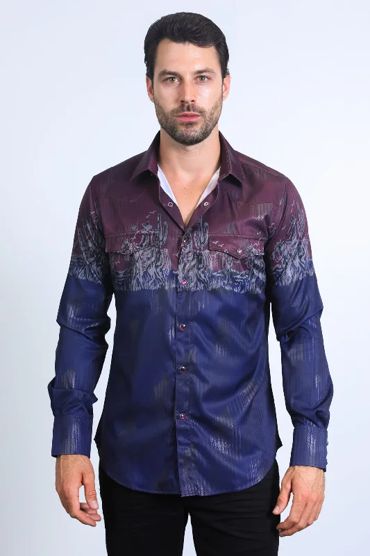 Durable Men's Work ShirtsMens Modern Fit Panoramic Foil Print Shirt - Navy