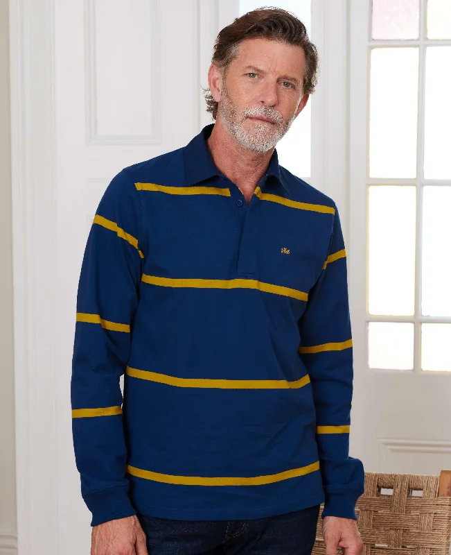 Men's Minimalist Shirts for a Clean LookNavy Gold Stripe Heavyweight Cotton Jersey Rugby Shirt Men's Minimalist Shirts for a Clean LookNavy Gold Stripe Heavyweight Cotton Jersey Rugby Shirt