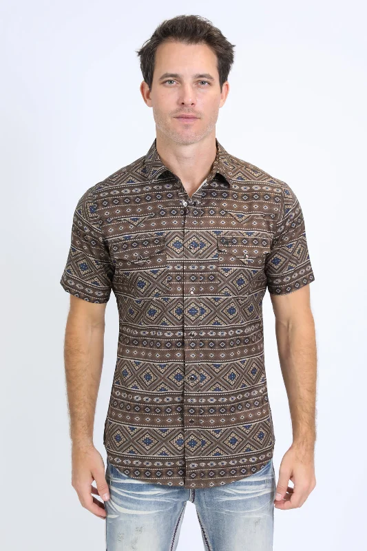 Men's Bold-Color Shirts for a Statement PieceMens Performance Western Short Sleeve Aztec Print Brown Shirt Men's Bold-Color Shirts for a Statement PieceMens Performance Western Short Sleeve Aztec Print Brown Shirt