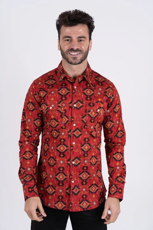 Men's Moisture-Wicking Shirts for All-Day ComfortCotton Aztec Print Dress Shirt - Burgundy Men's Moisture-Wicking Shirts for All-Day ComfortCotton Aztec Print Dress Shirt - Burgundy