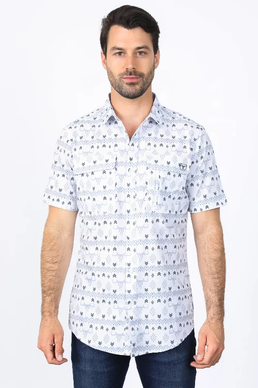 Men's Essential Dress Shirts for Everyday WearMens Performance Classic Fit Western White Short Sleeve Aztec Print Shirt