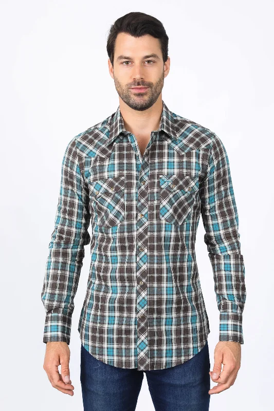 Men's Designer Shirts for a Statement PieceMens Western Checkered Teal Long Sleeve Shirts Men's Designer Shirts for a Statement PieceMens Western Checkered Teal Long Sleeve Shirts