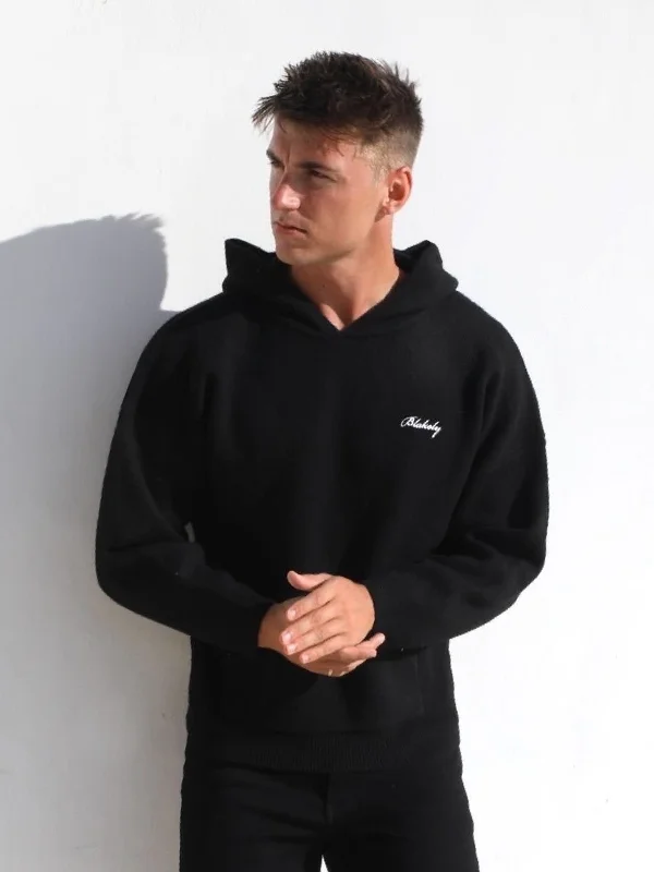 Trendy Men's Patterned HoodiesRelaxed Knitted Hoodie - Black