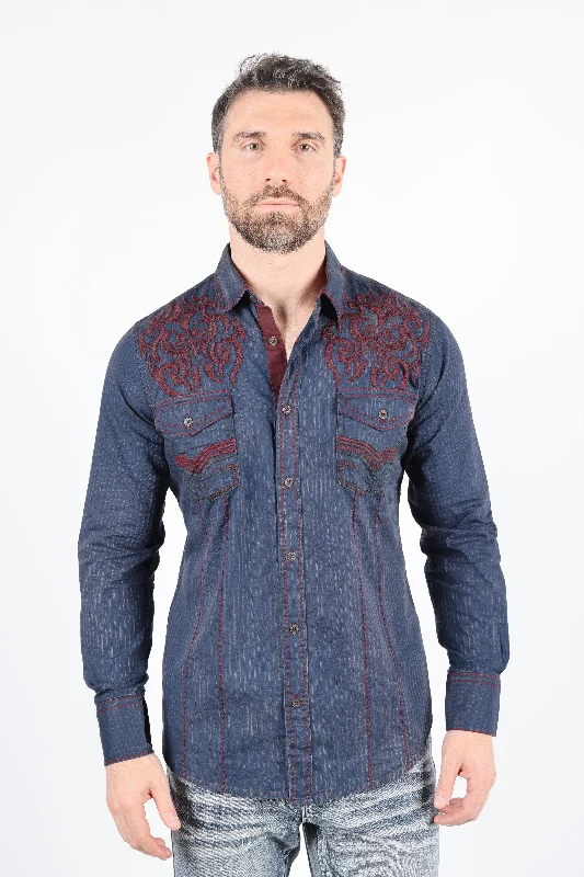 Men's Performance Shirts for Active LifestylesMens Vintage Washed 2-tone Embroidery Modern Fit Stretch Shirt