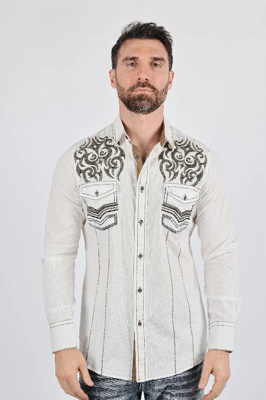 Men's Dressy Casual Shirts for Smart-Casual EventsMens Vintage Washed 2-tone Embroidery Modern Fit Stretch Shirt