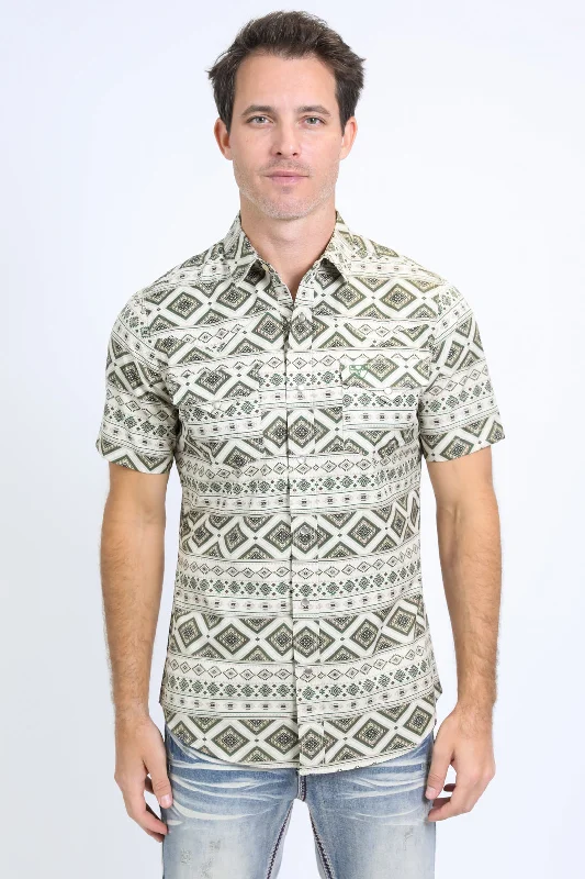 Men's Patterned Casual Shirts for Relaxed StylingMens Performance Western Short Sleeve Aztec Print Beige Shirt Men's Patterned Casual Shirts for Relaxed StylingMens Performance Western Short Sleeve Aztec Print Beige Shirt