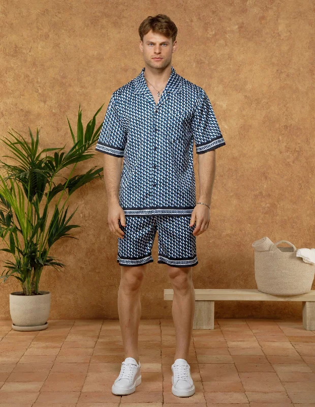 Men's Breathable Shirts for Warm ClimatesBlue Mono Illusion Panel Resort Shirt