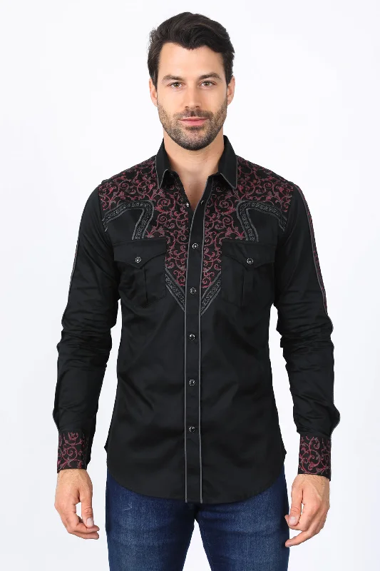 Men's Vintage T-Shirts for a Retro VibeMens Embroidery Modern Fit Stretch Black/Charcoal Long Sleeve Shirt Men's Vintage T-Shirts for a Retro VibeMens Embroidery Modern Fit Stretch Black/Charcoal Long Sleeve Shirt