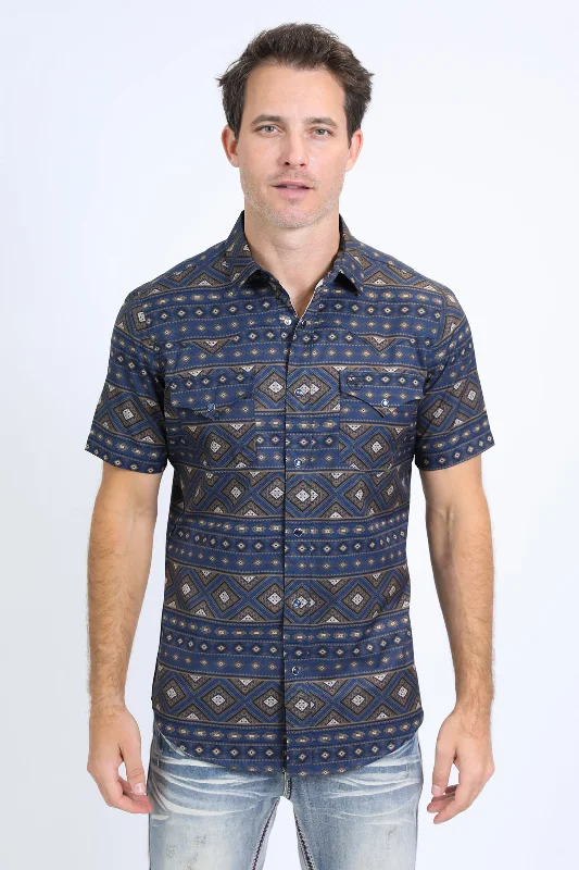 Men's Solid-Color Button-Down Shirts for VersatilityMens Performance Western Short Sleeve Aztec Print Navy Shirt Men's Solid-Color Button-Down Shirts for VersatilityMens Performance Western Short Sleeve Aztec Print Navy Shirt