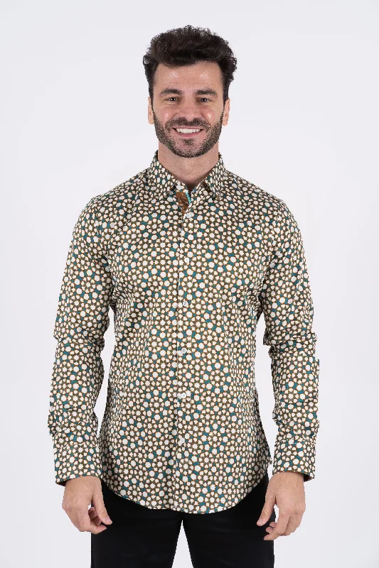 Men's Camping Shirts for Outdoor AdventuresSmall Print Satin Cotton/Spandex Long Sleeve Shirt Men's Camping Shirts for Outdoor AdventuresSmall Print Satin Cotton/Spandex Long Sleeve Shirt