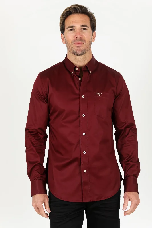 Men's Weekend Shirts for Leisurely OutingsMen’s Single Pocket Logo Modern Fit Stretch Dress Shirt - Burgundy