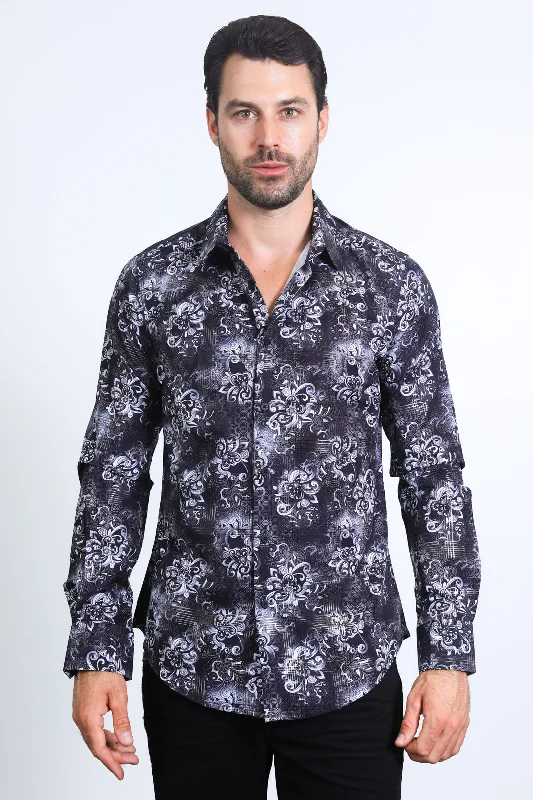 Men's Breathable Shirts for Warm ClimatesMens Modern Fit Stretch Foil Fashion Black Shirt Men's Breathable Shirts for Warm ClimatesMens Modern Fit Stretch Foil Fashion Black Shirt