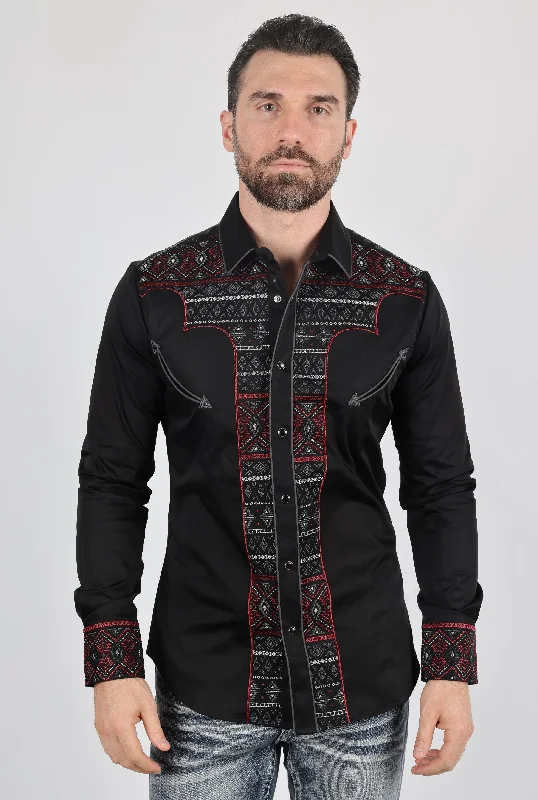 Men's Geometric Print Shirts for a Modern TwistMens Modern Fit Stretch Multi-Color Aztec Embroidery Shirt