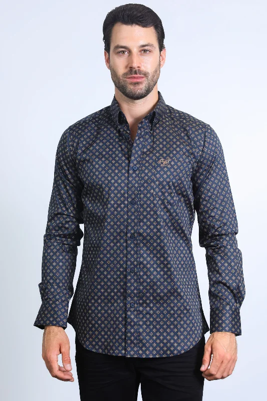 Men's Weekend Shirts for Leisurely OutingsMens Satin Cotton Modern Fit Navy Long Sleeve Shirt Men's Weekend Shirts for Leisurely OutingsMens Satin Cotton Modern Fit Navy Long Sleeve Shirt