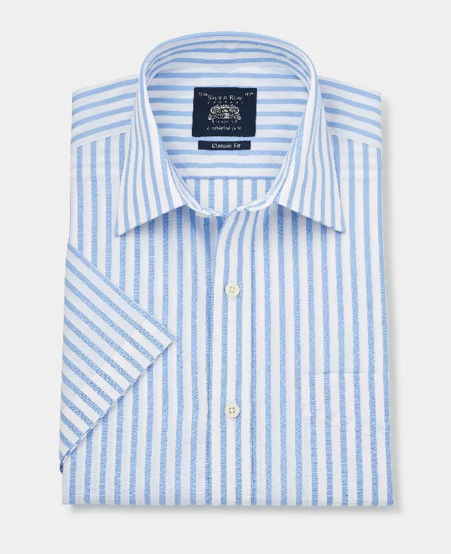 Men's Rugby Shirts for a Sporty LookSky Blue Classic Fit Short Sleeve Striped Shirt