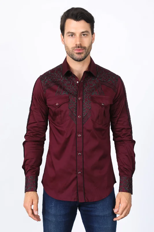 Men's Solid-Color Block Shirts for a Bold StatementMens Embroidery Modern Fit Stretch Burgundy Long Sleeve Shirt Men's Solid-Color Block Shirts for a Bold StatementMens Embroidery Modern Fit Stretch Burgundy Long Sleeve Shirt