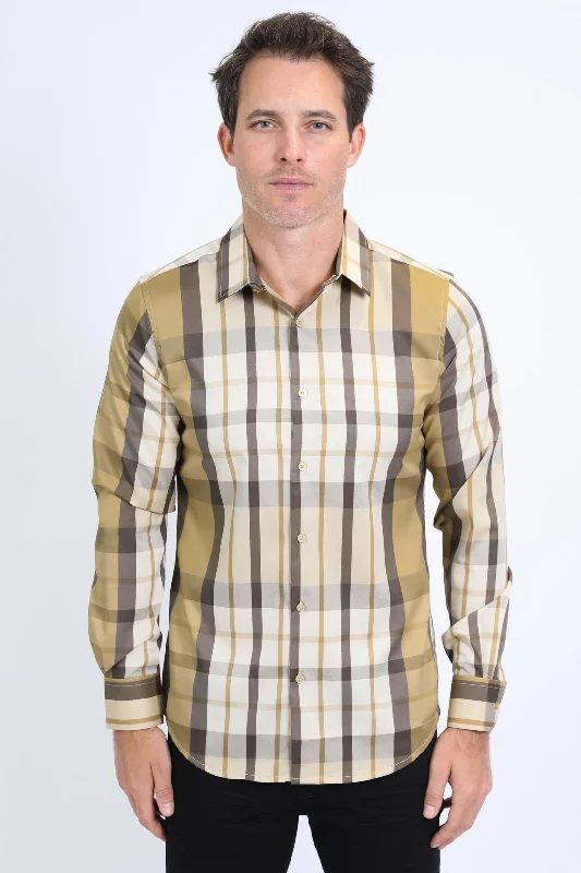 Men's Easy-Care Shirts for Busy LifestylesMens Checkered Long Sleeve Beige Shirt