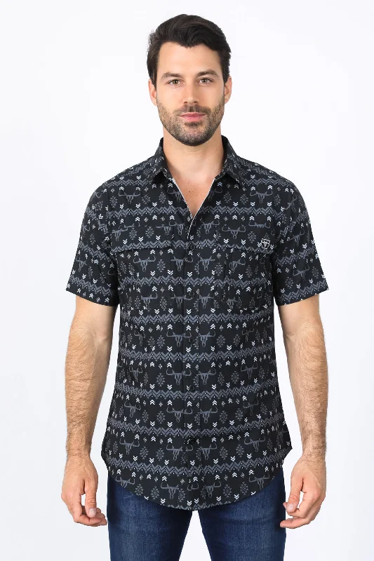 Casual Men's Button-Down ShirtsMens Performance Classic Fit Western Black Short Sleeve Aztec Print Shirt