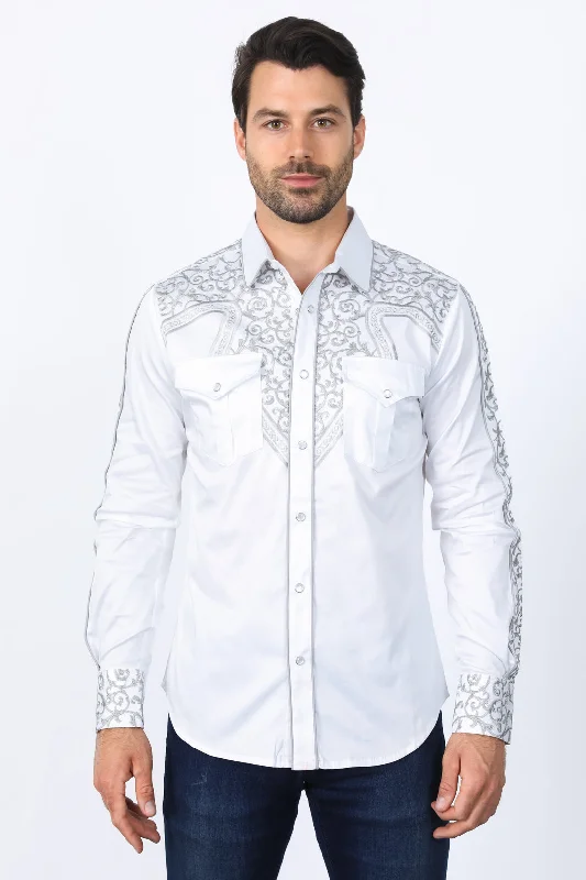 Men's Crew Neck T-Shirts for Everyday WearMens Embroidery Modern Fit Stretch White Long Sleeve Shirt Men's Crew Neck T-Shirts for Everyday WearMens Embroidery Modern Fit Stretch White Long Sleeve Shirt