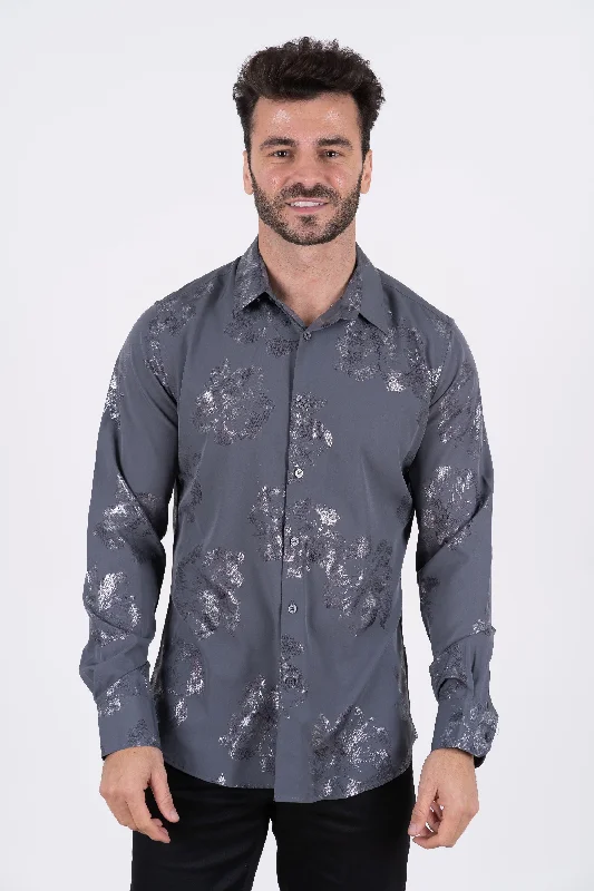 Men's V-Neck T-Shirts for a Flattering ShapeMens Modern Fit Stretch Foiled Shirt - Gray Men's V-Neck T-Shirts for a Flattering ShapeMens Modern Fit Stretch Foiled Shirt - Gray