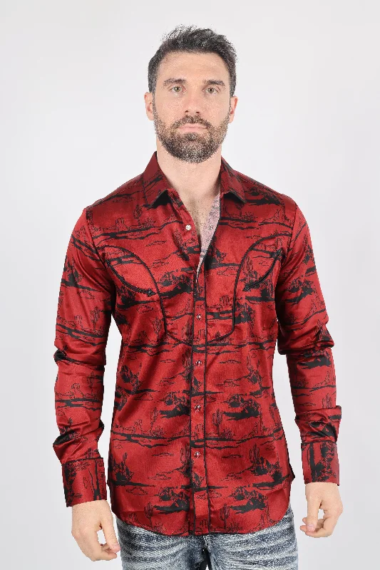 Men's Relaxed-Fit Shirts for Casual ComfortMens Modern Fit Cotton Stretch Piping Cactus Monogram Print Shirt