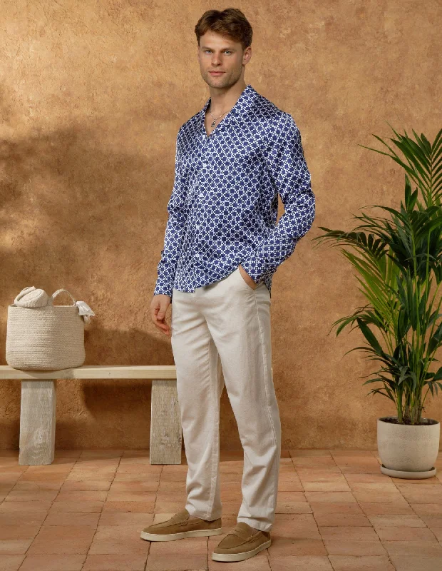 Durable Men's Work ShirtsNavy/White Block Printed Long Sleeve Shirt