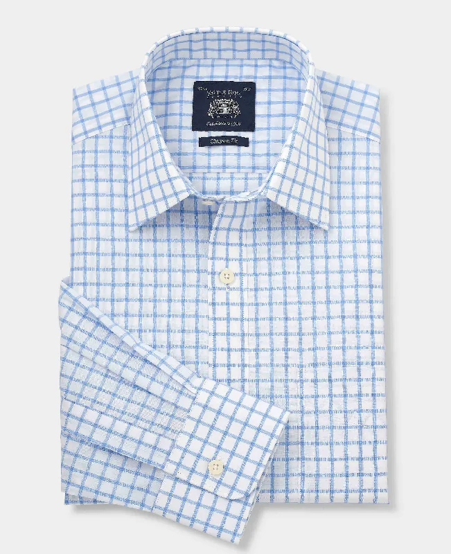 Lightweight Men's Poplin ShirtsBlue White Check Classic Fit Shirt - Single Cuff