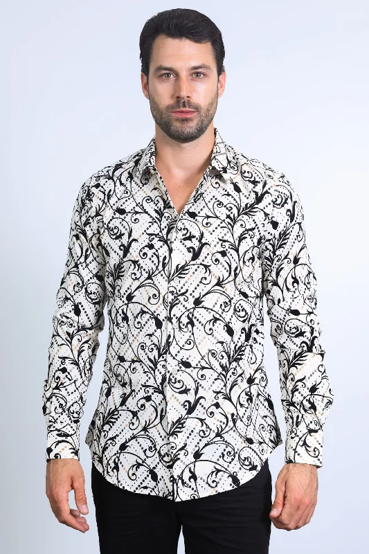 Versatile Men's Short-Sleeve ShirtsMen's Floral Flocked Modern Fit Spandex Beige Shirt