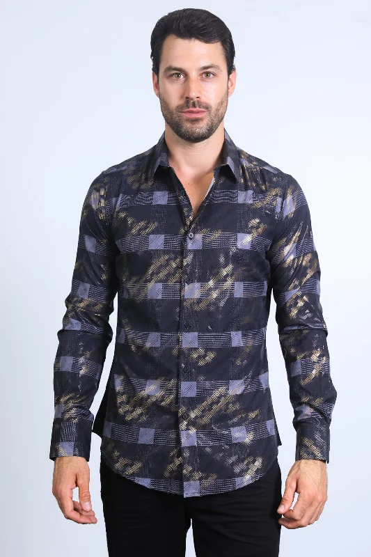 Men's Wrinkle-Free Shirts for Easy CareMens Modern Fit Stretch Foil Fashion Black Shirt Men's Wrinkle-Free Shirts for Easy CareMens Modern Fit Stretch Foil Fashion Black Shirt