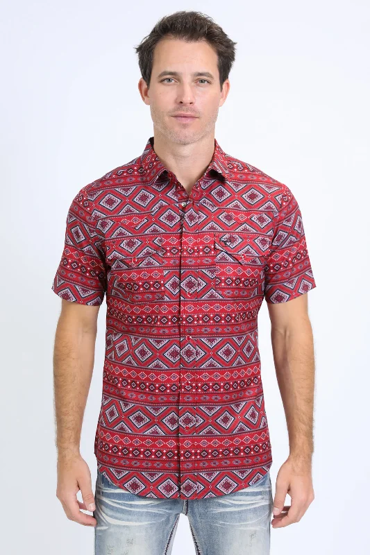 Men's Neutral-Tone Shirts for Versatile StylingMens Performance Western Short Sleeve Aztec Print Red Shirt Men's Neutral-Tone Shirts for Versatile StylingMens Performance Western Short Sleeve Aztec Print Red Shirt