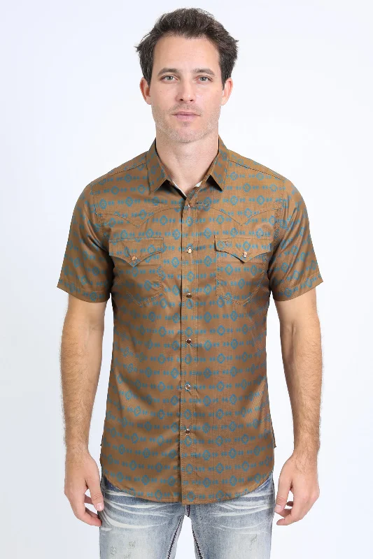 Men's Designer Dress Shirts for High-End FashionMens Performance Western Short Sleeve Aztec Print Camel Shirt
