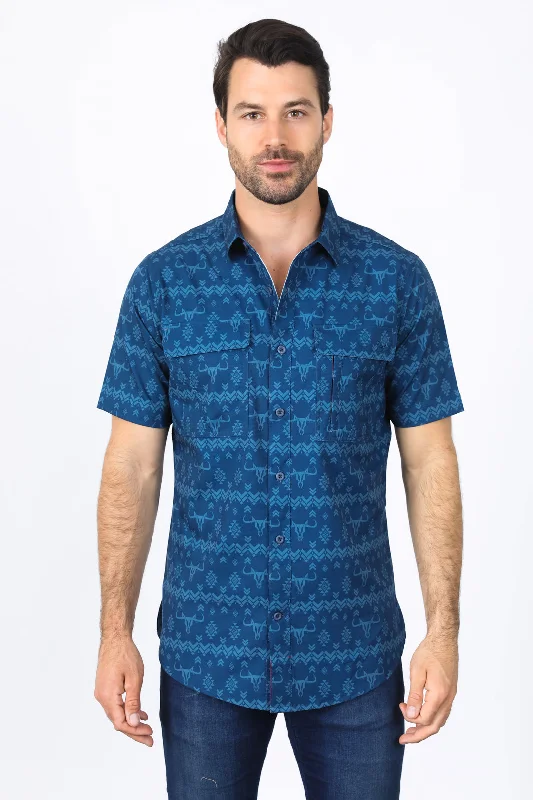 Men's Patterned Button-Down Shirts for Added InterestMens Performance Classic Fit Western Navy Short Sleeve Aztec Print Shirt
