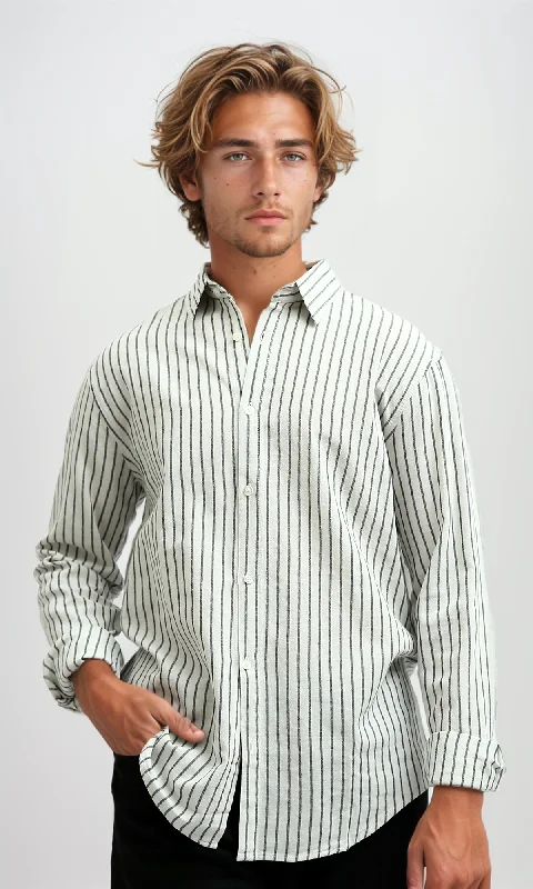 Men's Rugby Shirts for a Sporty LookO189623 Striped Classic Collar Full Buttoned White & Black Shirt