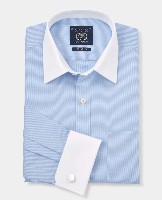 Men's Unique Dress Shirts for a Statement LookBlue Textured Cotton Puppytooth Classic Fit Winchester Formal Shirt - Double Cuff