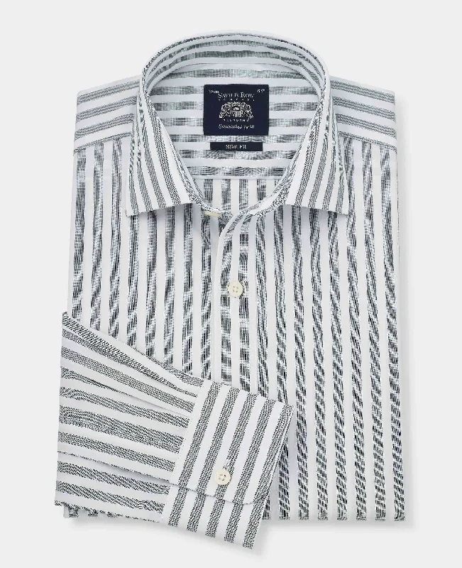 Men's Denim Shirts for a Rugged LookGreen Slim Fit Striped Formal Shirt - Single Cuff
