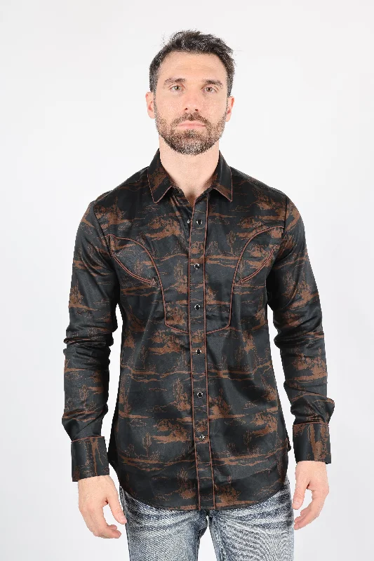 Men's Smart Casual Shirts for Business Casual SettingsMens Modern Fit Cotton Stretch Piping Cactus Monogram Print Shirt