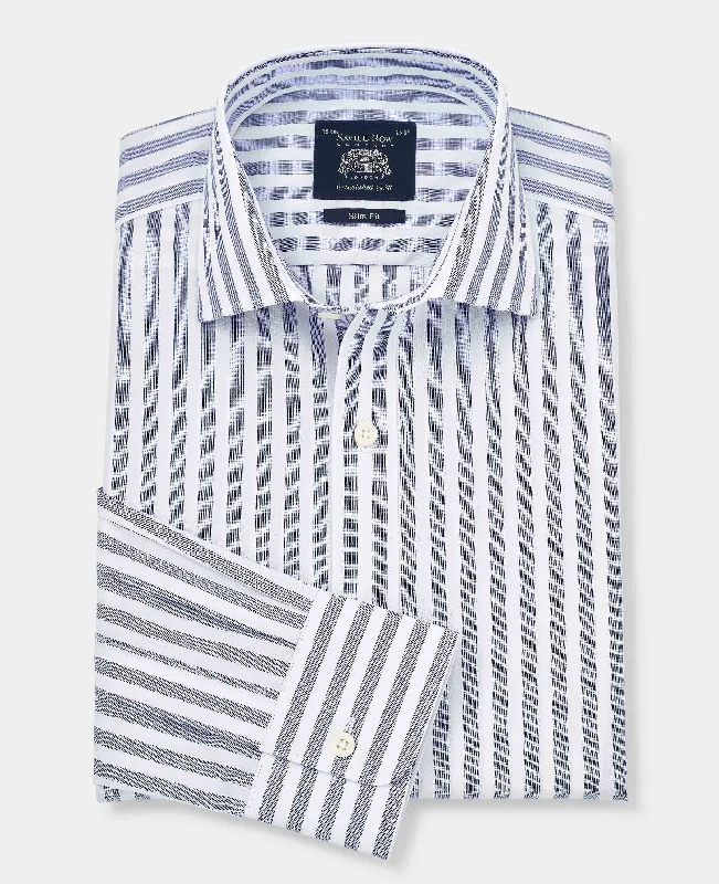 Men's Checkered Shirts for a Retro FeelNavy White Slim Fit Striped Formal Shirt - Single Cuff Men's Checkered Shirts for a Retro FeelNavy White Slim Fit Striped Formal Shirt - Single Cuff