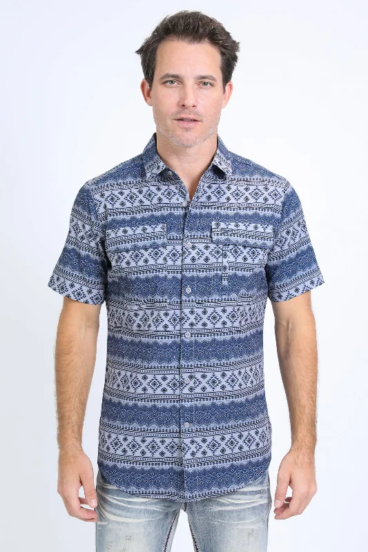 Men's Camouflage Shirts for an Outdoor AppealMens Performance Western Short Sleeve Aztec Print Grey Shirt