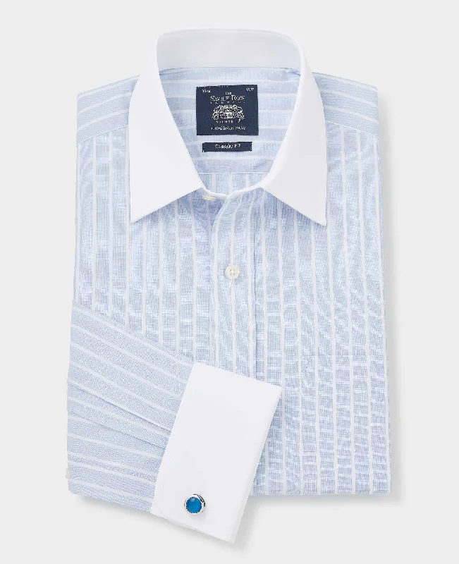 Men's Bamboo Fiber Shirts for Softness and BreathabilitySky Blue Reverse Stripe Classic Fit Shirt With White Collar & Cuffs Men's Bamboo Fiber Shirts for Softness and BreathabilitySky Blue Reverse Stripe Classic Fit Shirt With White Collar & Cuffs