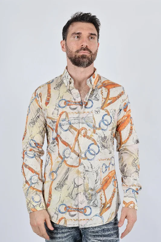 Men's Spread-Collar Shirts for a Bold StatementMens Long Sleeve Modern Fit Stretch Wild Horses Print Shirt
