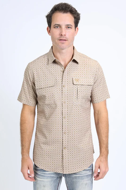 Men's Relaxed-Fit Shirts for Casual ComfortMens Performance Western Short Sleeve Aztec Print Beige Shirt