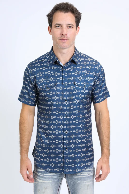 Men's Custom Dress Shirts for a Personalized FitMens Performance Western Short Sleeve Aztec Print Navy Shirt Men's Custom Dress Shirts for a Personalized FitMens Performance Western Short Sleeve Aztec Print Navy Shirt
