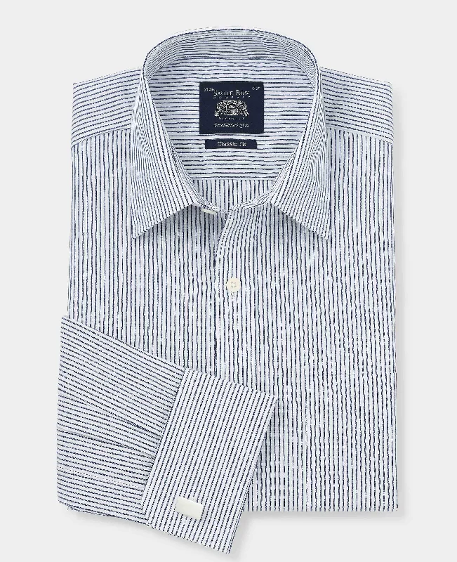 Men's Dressy Button-Down Shirts for Formal OccasionsNavy Fine Stripe Classic Fit Formal Shirt - Double Cuff Men's Dressy Button-Down Shirts for Formal OccasionsNavy Fine Stripe Classic Fit Formal Shirt - Double Cuff